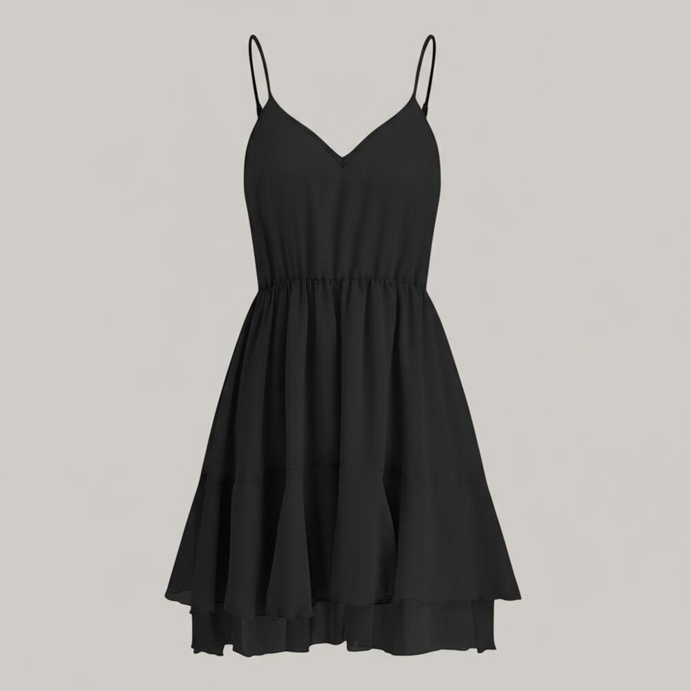 Commense Black Chiffon Ruffle Mini Dress Long Sleeve Cape Overlay – Size L - Picture 2 of 6